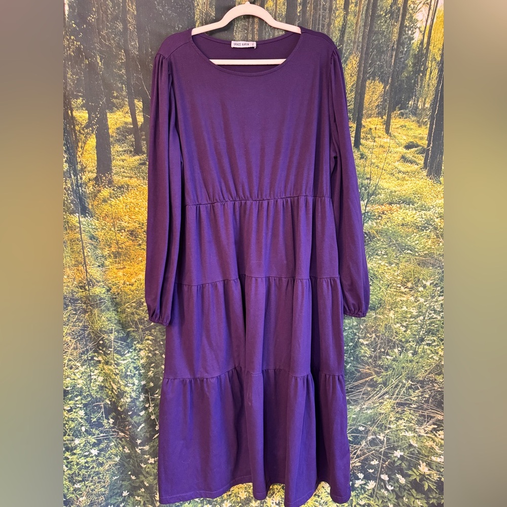 💜 Grace Karin Tiered Long Sleeve Midi Dress – Deep Purple – Size 2XL